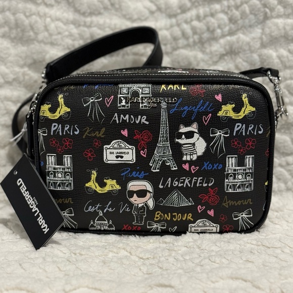 Karl Lagerfeld Black Multicolor Paris Print Maybelle Crossbody Bag NWT - Picture 2 of 11